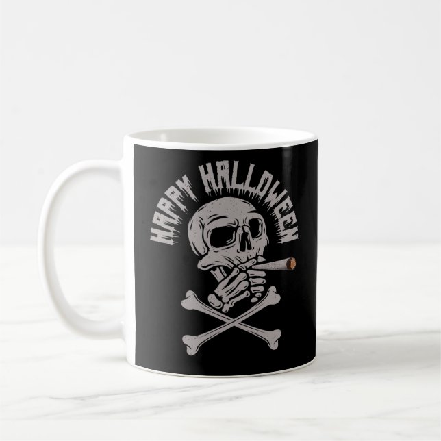 Happy Halloween Creepy Skull Smoking Cigarette Coffee Mug (Left)