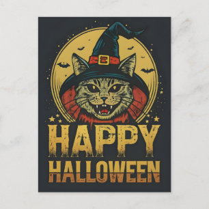 Happy Halloween Creepy Witch Cat Holiday Postcard