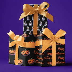 Happy Halloween custom message ghost and pumpkins Wrapping Paper Sheet