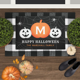 Happy Halloween Custom Monogram Initial Pumpkins Doormat