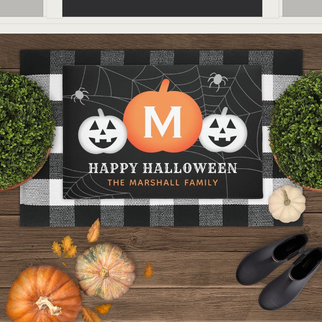 Happy Halloween Custom Monogram Initial Pumpkins Doormat (Creator Uploaded)