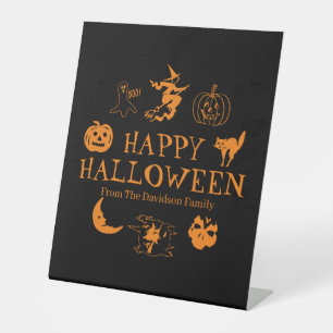 Happy Halloween custom name black orange decor Pedestal Sign