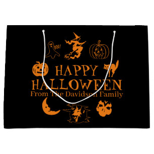 Happy Halloween custom name black orange Large Gift Bag