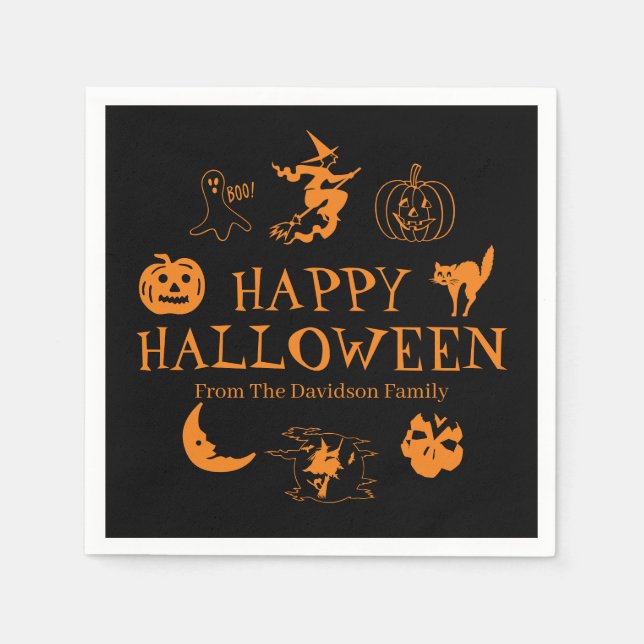 Happy Halloween custom name black orange spooky Napkin (Front)