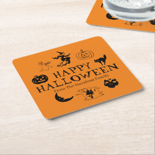 Happy Halloween custom name black & orange spooky Square Paper Coaster