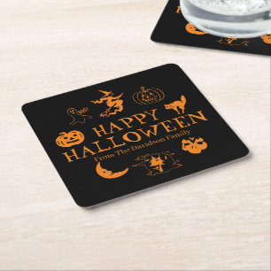 Happy Halloween custom name black orange spooky Square Paper Coaster