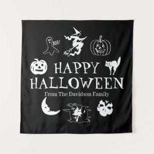 Happy Halloween custom name black spooky decor Tapestry