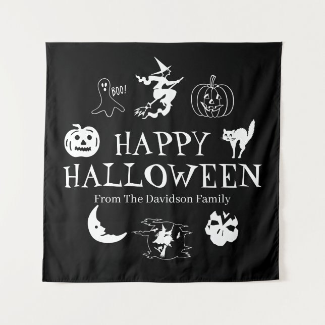 Happy Halloween custom name black spooky decor Tapestry (Front)