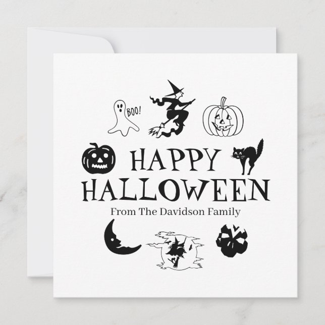 Happy Halloween custom name black white card (Front)