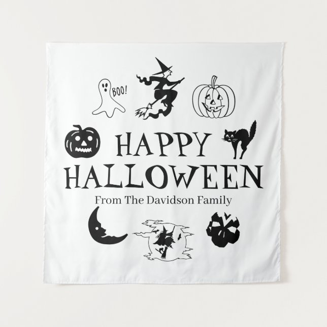 Happy Halloween custom name black white decor Tapestry (Front)