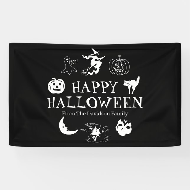 Happy Halloween custom name black white spooky Banner (Horizontal)