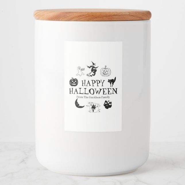 Happy Halloween custom name black white spooky Food Label (Front)