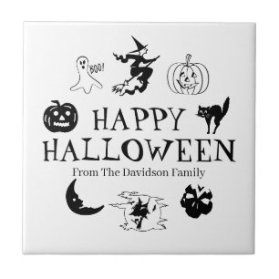 Happy Halloween custom name black white spooky Tile