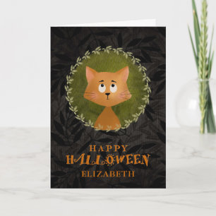 Happy Halloween Custom Name Cute Cat in Wreath Car Card