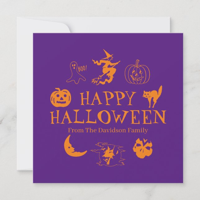 Happy Halloween custom name orange purple card (Front)