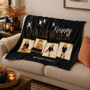 Happy Halloween Custom Photo Collage Spiders Black Fleece Blanket