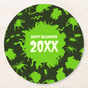 Happy Halloween Custom Text Green Creepy Crawlies Round Paper Coaster