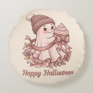 Happy Halloween Cute Autumn Harvest Ghost&Cupcake Round Cushion