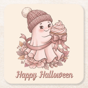 Happy Halloween Cute Autumn Harvest Ghost&Cupcake Square Paper Coaster