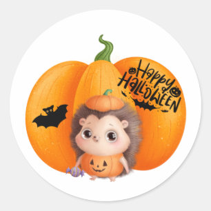 Happy Halloween Cute Baby Hedgehog and Pumpkin Classic Round Sticker