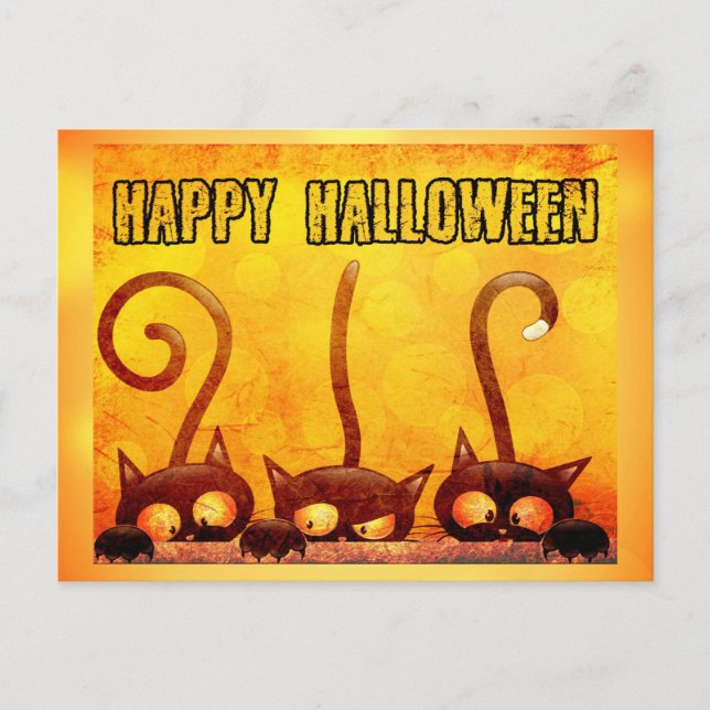 Happy Halloween Cute Black Cat Orange Postcard (Front)