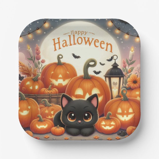 Happy Halloween Cute Black Cat, Pumpkins Paper Plate (Front)