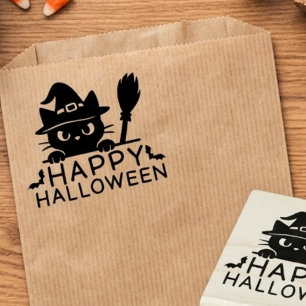 Happy Halloween Cute Black Cat Witch Rubber Stamp