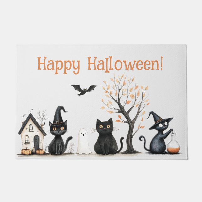 "Happy Halloween" Cute Black Cats  Doormat (Front)