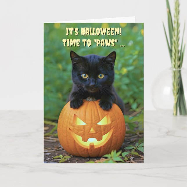 Happy Halloween Cute Black Kitten and Pumpkin Fun Card (Front)