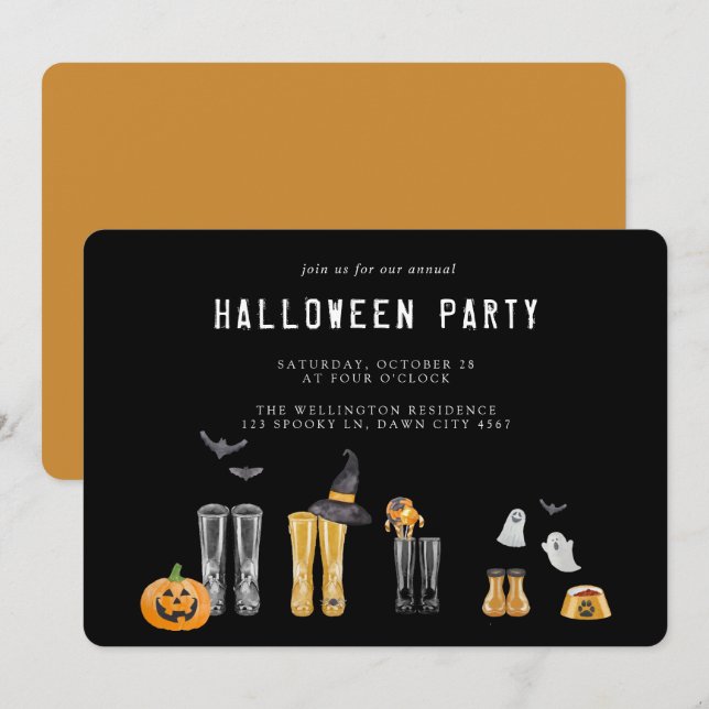 Happy Halloween Cute Black Watercolor Party Invitation (Front/Back)