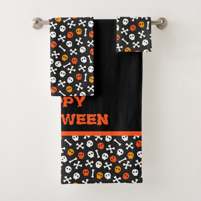 Happy Halloween Cute Bones and Skulls Bath Towel Set (Insitu)
