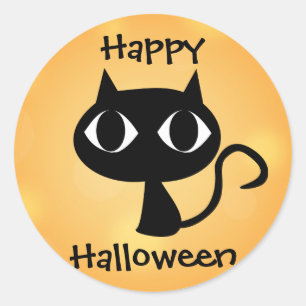 Happy Halloween Cute Cartoon Black Cat Orange Classic Round Sticker