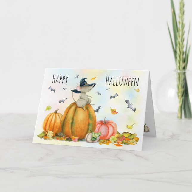 Happy Halloween Cute Cartoon Witch Mouse  Card (Front)