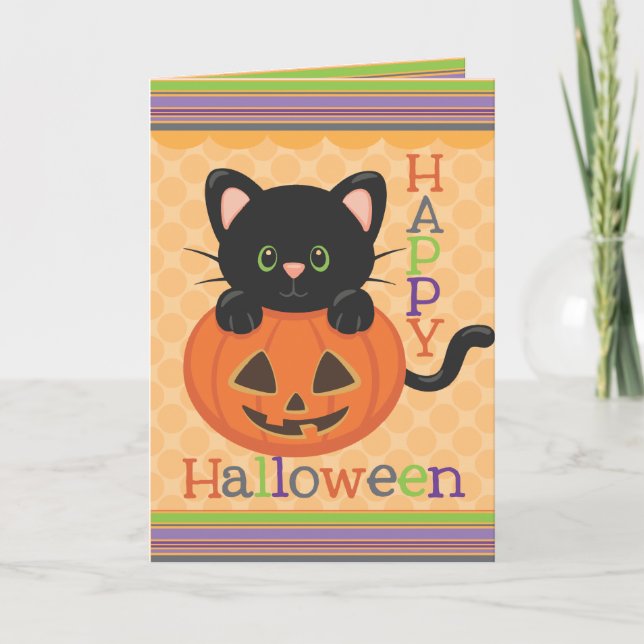 Happy Halloween Cute Cat Jack o' Lantern Card (Front)