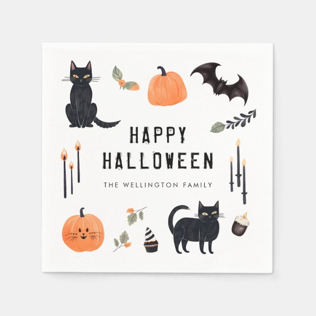 Happy Halloween Cute Cat Pumpkin Bat Napkin (Front)