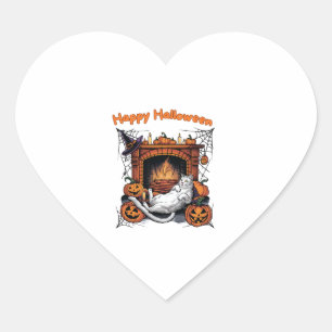 Happy Halloween Cute Cat Witch   Heart Sticker