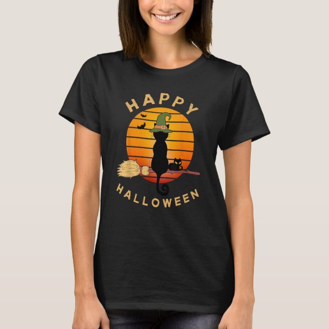 Happy Halloween Cute Cats on Broom in Pretty Sunse T-Shirt (Front)