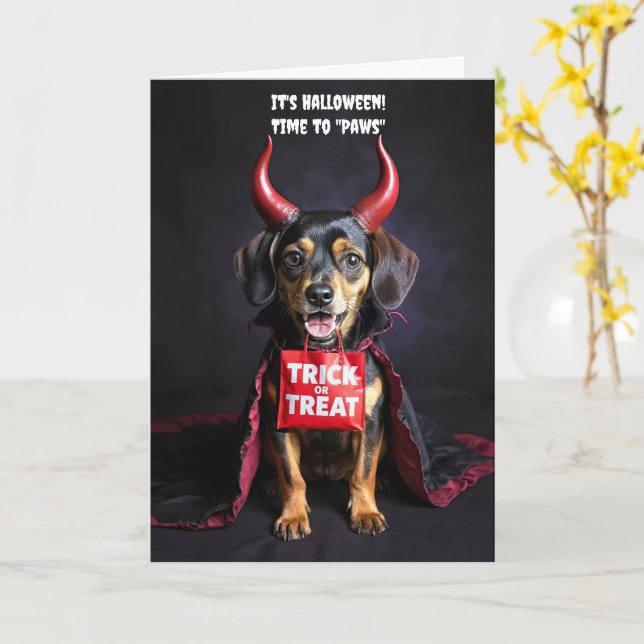 Happy Halloween Cute Devil Dog Dachshund  Card (Yellow Flower)