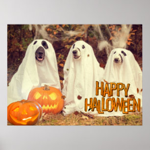 Happy Halloween Cute Dogs in Ghost Costumes  Poster