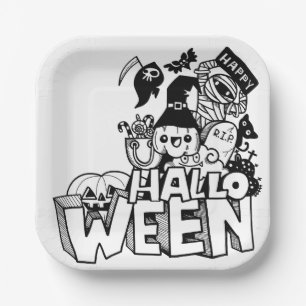 Happy Halloween Cute Doodle Pumpkin Cat Mummy Paper Plate