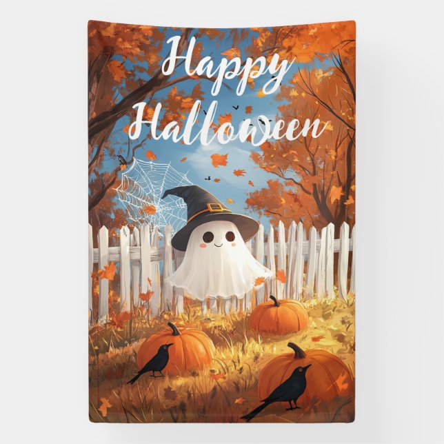 Happy Halloween Cute Ghost and Pumpkins Banner (Vertical)