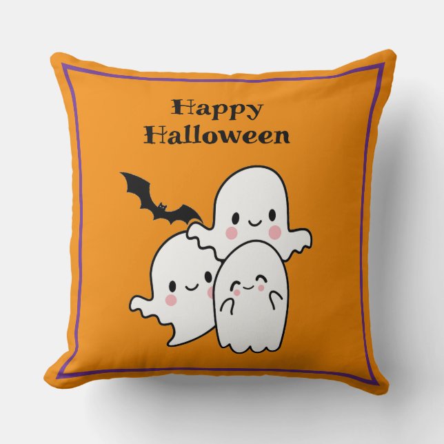 Happy Halloween Cute Ghost Bat Orange Purple Cushion (Front)