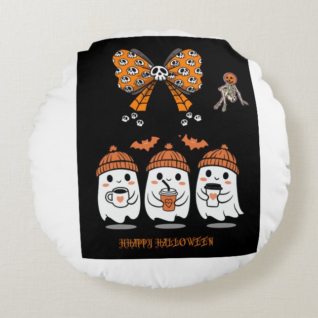 Happy Halloween - cute ghost coffee Round Cushion (Front)