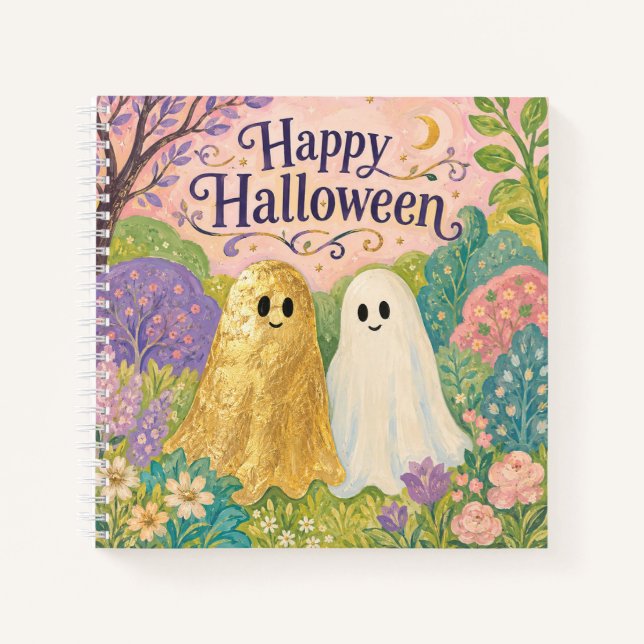 Happy Halloween Cute Ghost Flower Garden Notebook (Front)