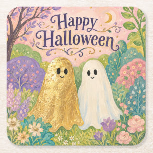 Happy Halloween Cute Ghost Flower Garden Square Paper Coaster