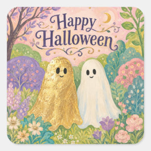 Happy Halloween Cute Ghost Flower Garden Square Sticker