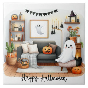 Happy Halloween Cute Ghost in His House  Tile