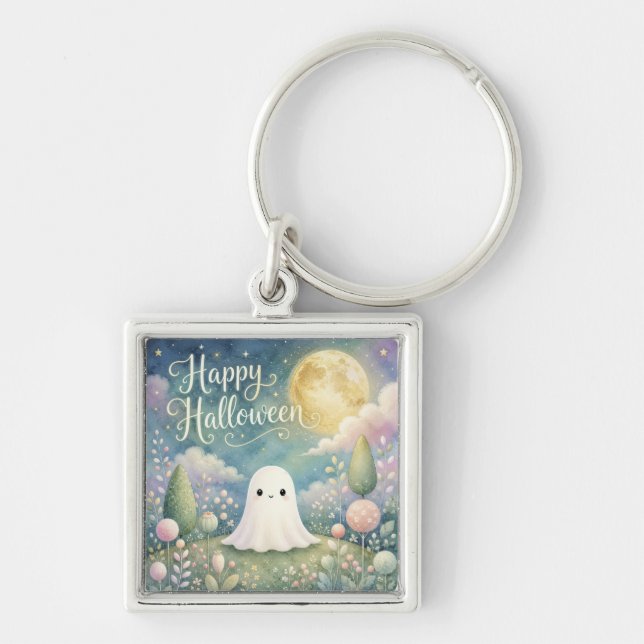 Happy Halloween Cute Ghost Pastel Garden Key Ring (Front)