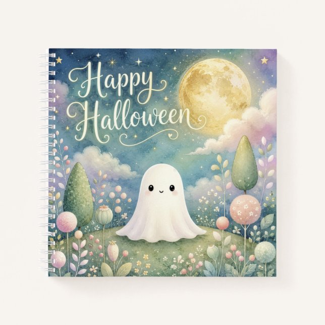 Happy Halloween Cute Ghost Pastel Garden Notebook (Front)