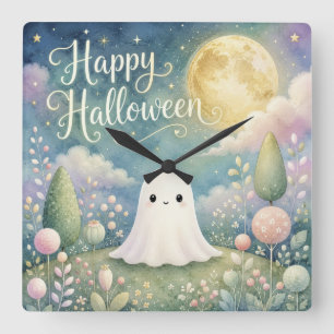 Happy Halloween Cute Ghost Pastel Garden Square Wall Clock